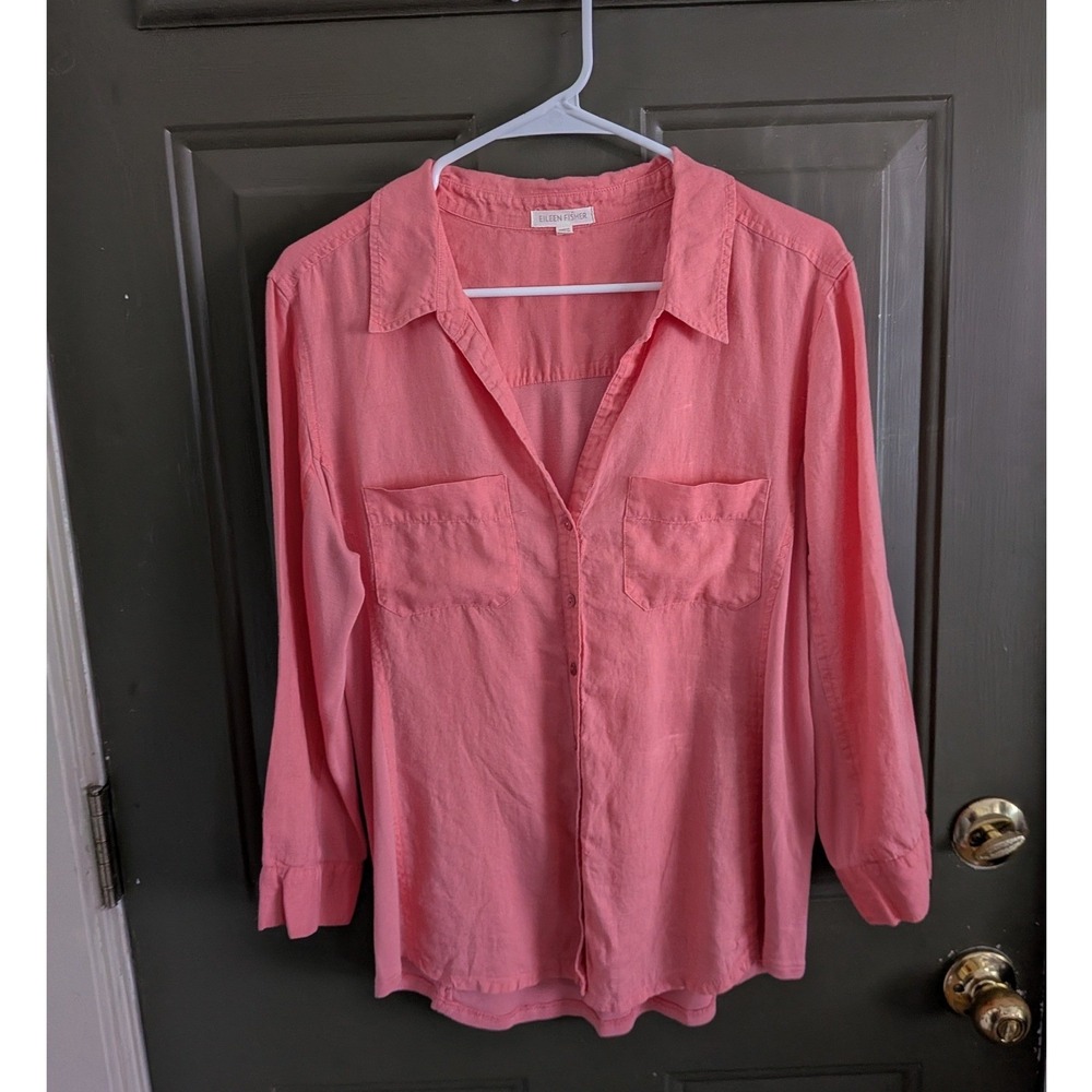 Eileen Fisher Coral Pink Irish Linen Organic Cotton Mixed Media Shirt Medium